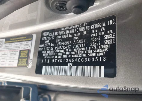 2012 Kia Sorento Lx из США, поврежденный, VIN 5XYKT3A64CG303513